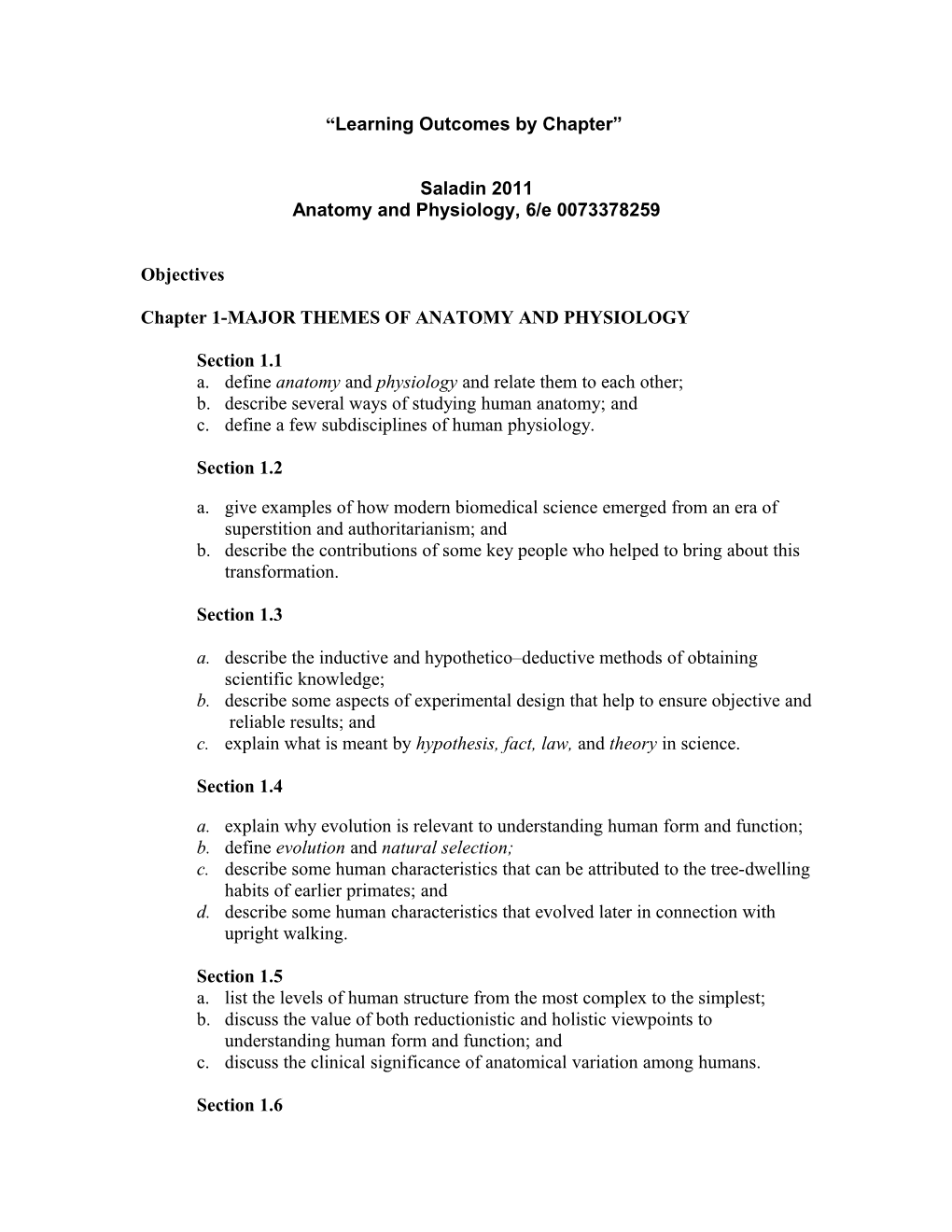 Learning Outcomes by Chapter 2011 S s1