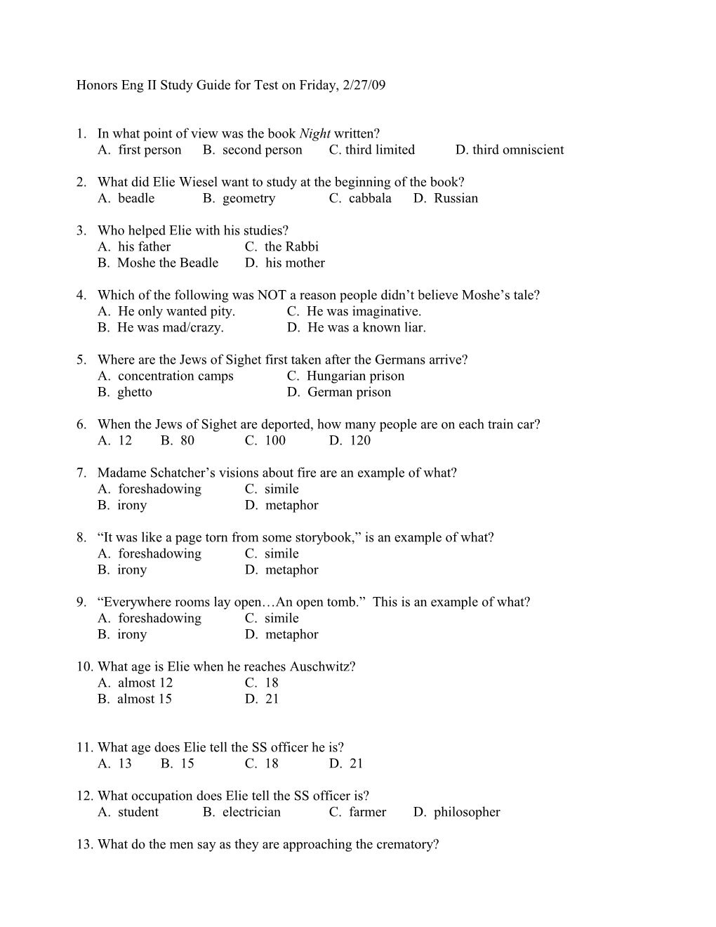 Night Test (1-90 Answered on Scantron Or Answer Sheet)