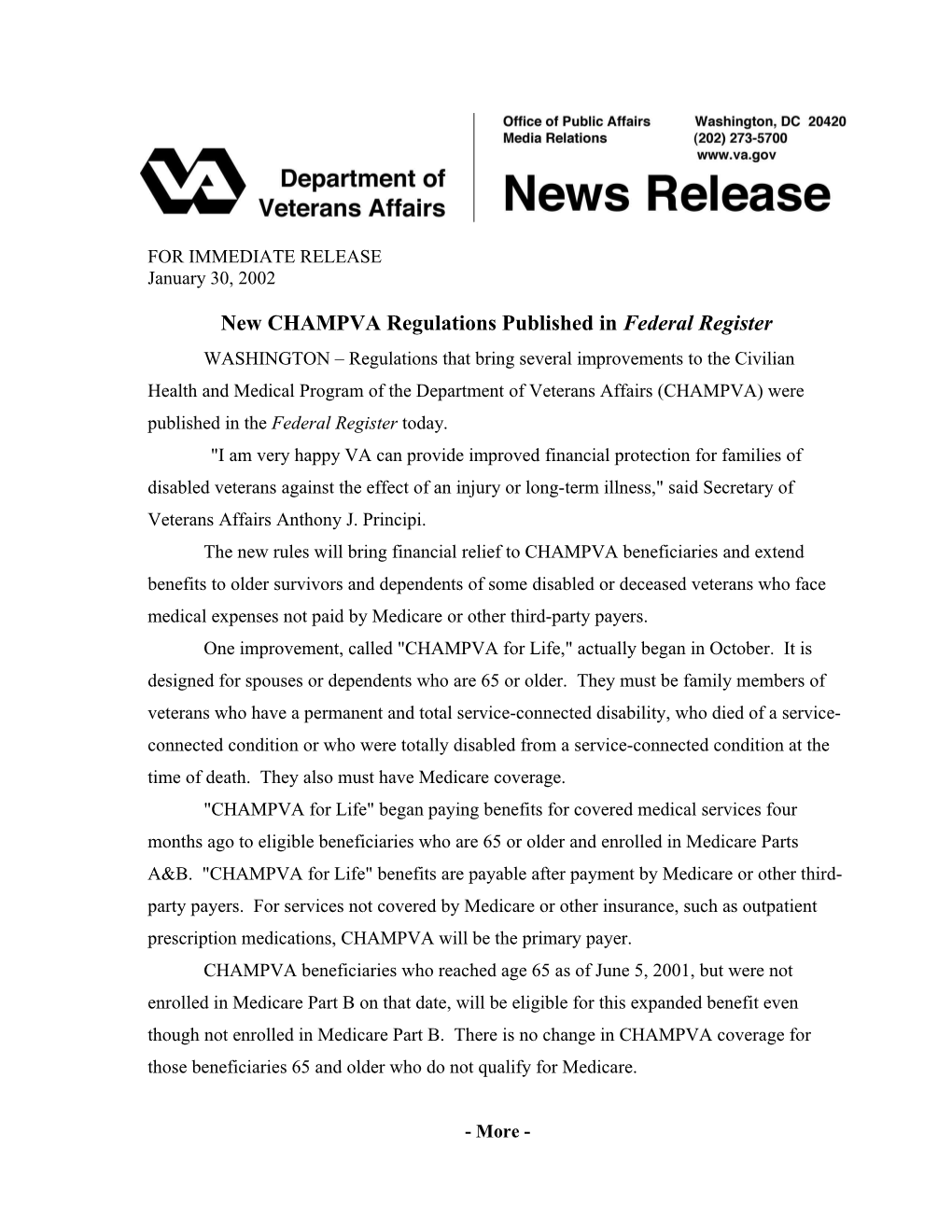 New CHAMPVA Regulations Published in Federal Register