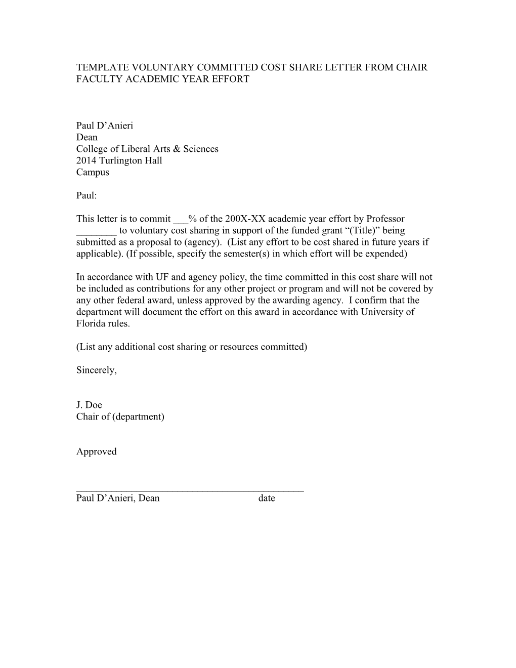 Template Voluntary Committed Cost Share Letter from Chair