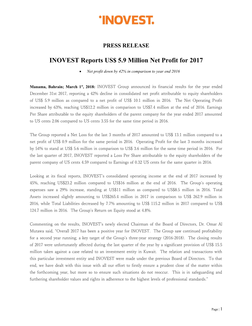 INOVEST Reports US$ 5.9Million Net Profit for 2017