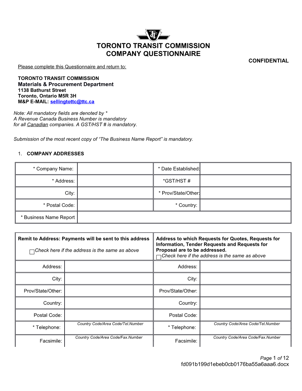 Materials and Procurement Company Questionnaire