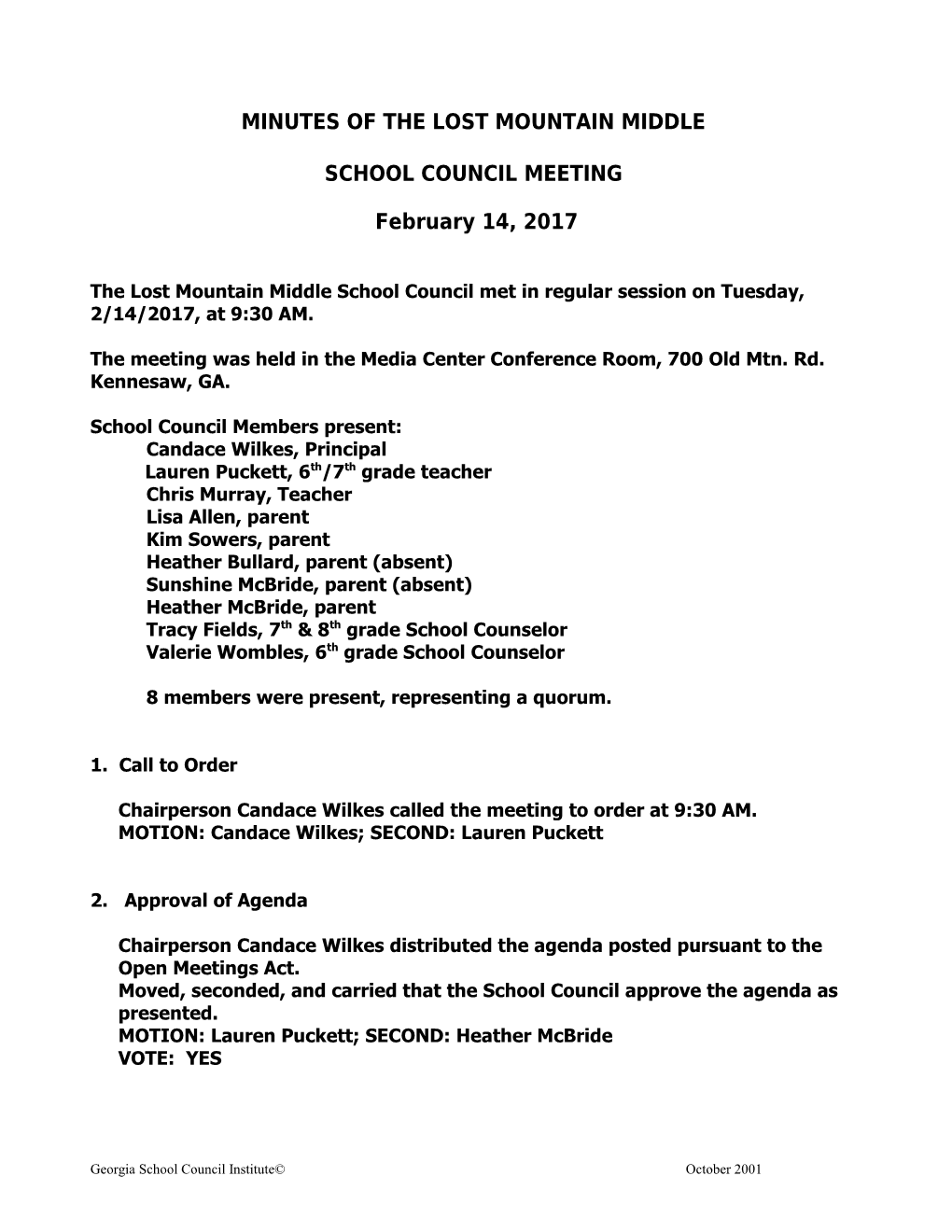 Sample Minutes of School Council Meetings