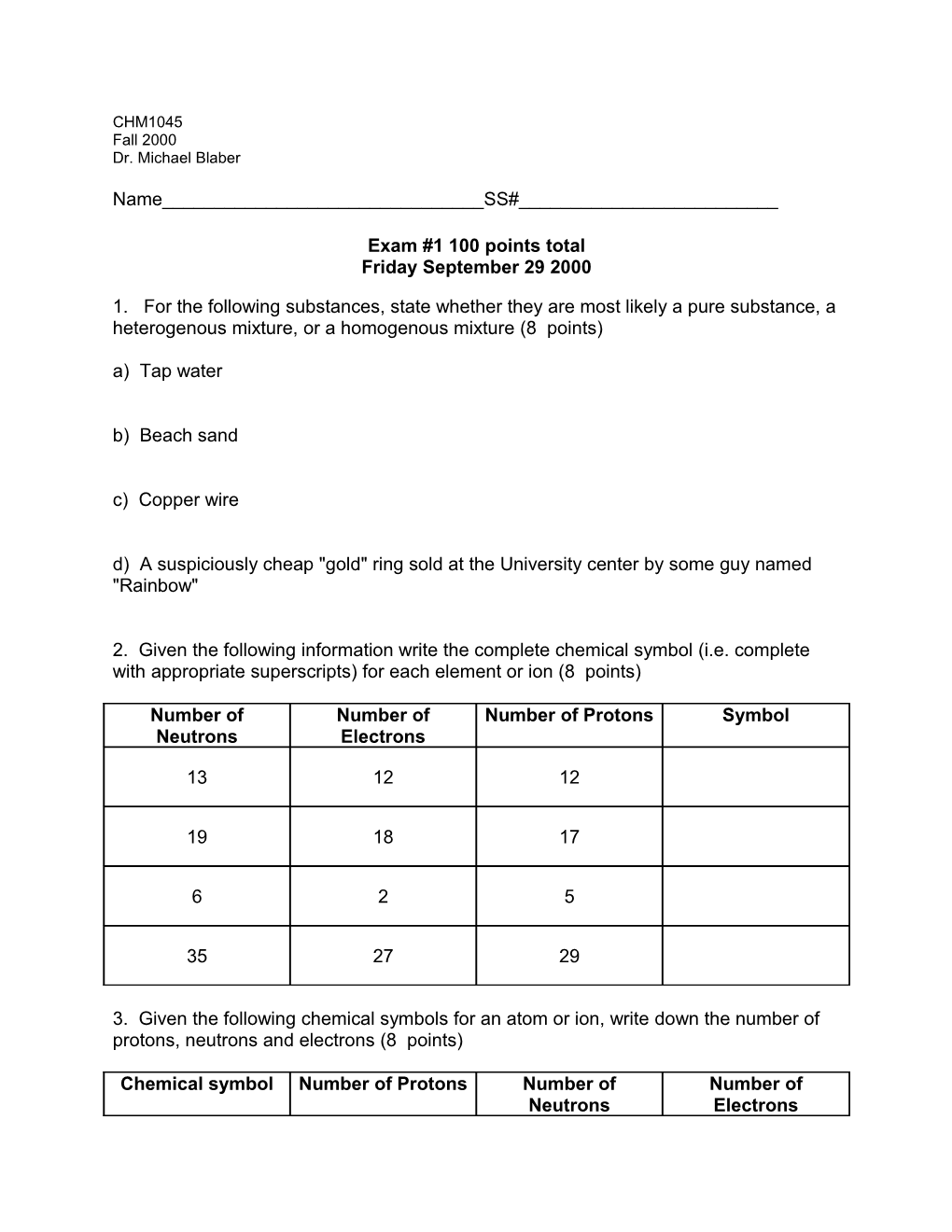 Exam #1 100 Points Total