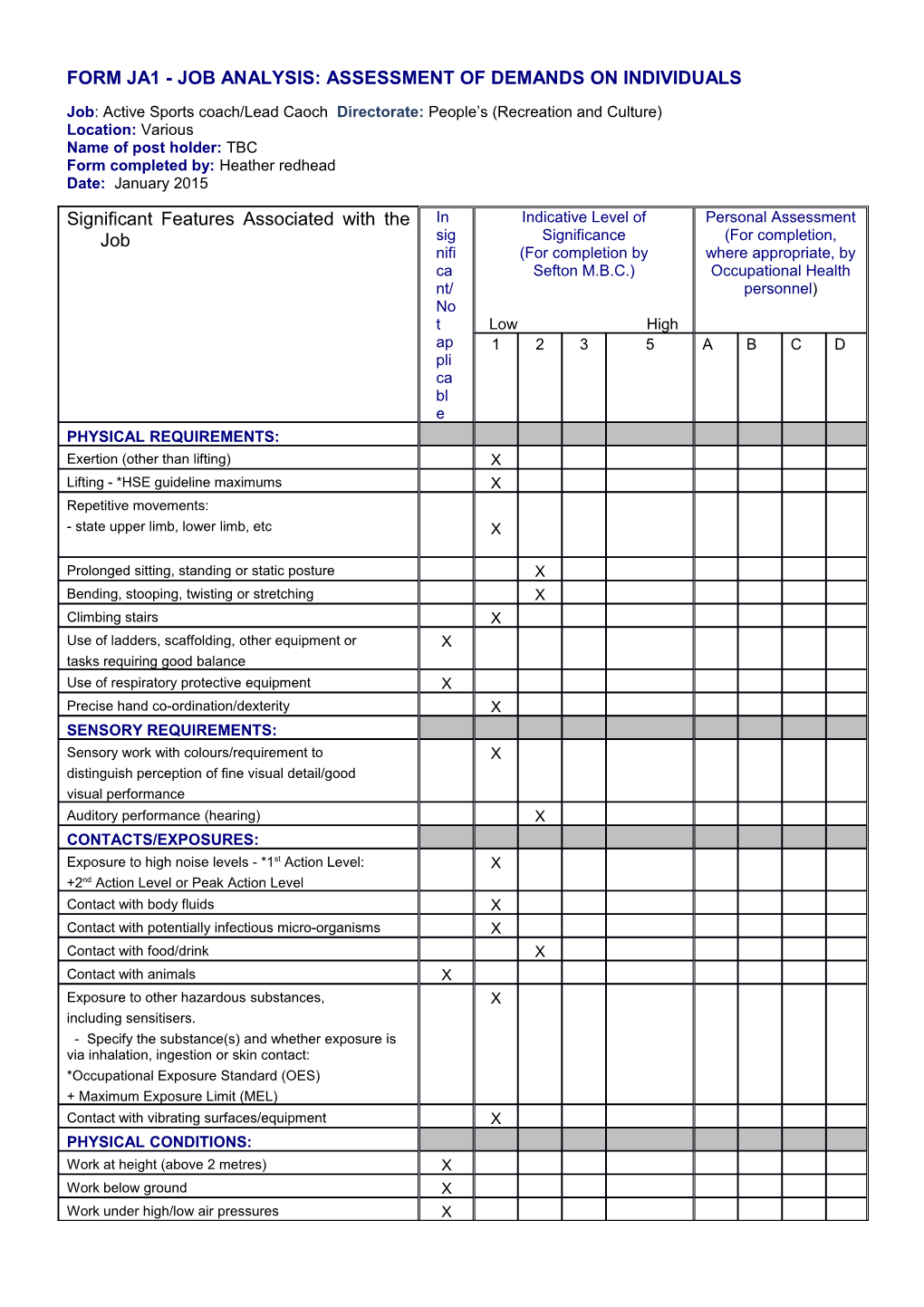 Form Ja1 - Job Analysis: Assessment of Demands on Individuals
