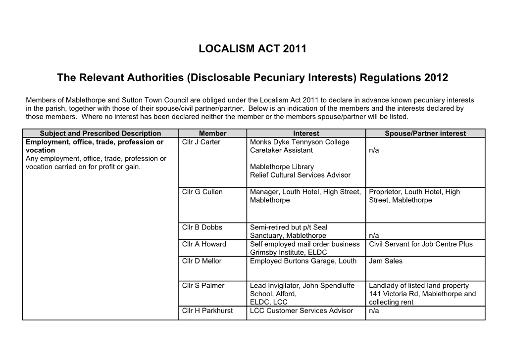 The Relevant Authorities (Disclosable Pecuniary Interests) Regulations 2012