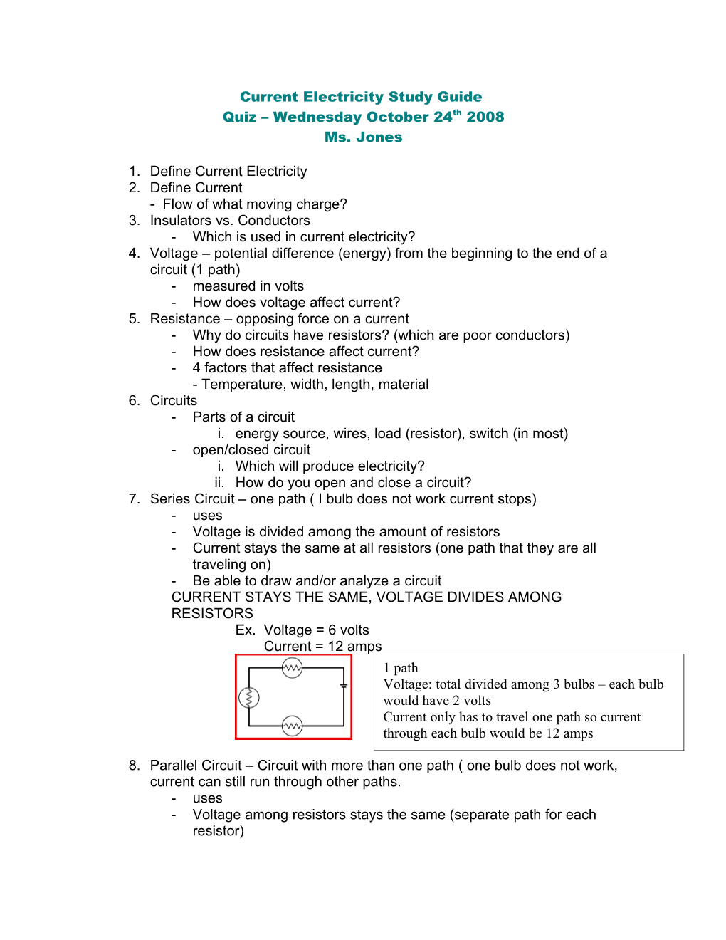 Current Electricity Study Guide