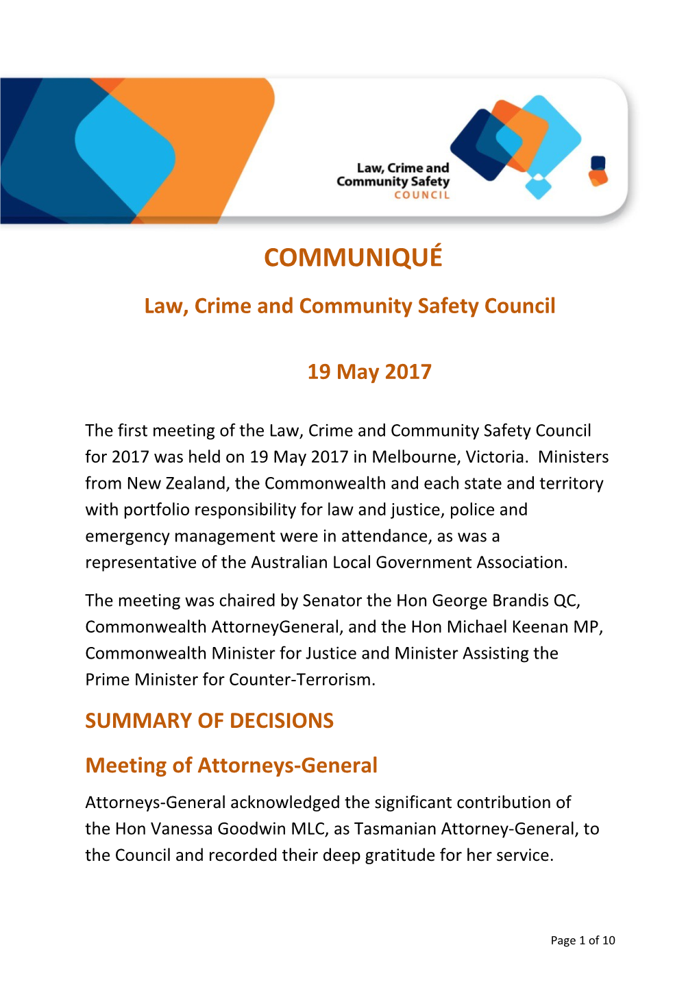 Law, Crime and Community Safety Council19may 2017