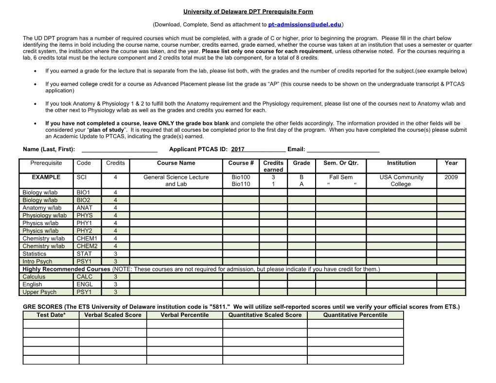 University of Delaware DPT Prerequisite Form