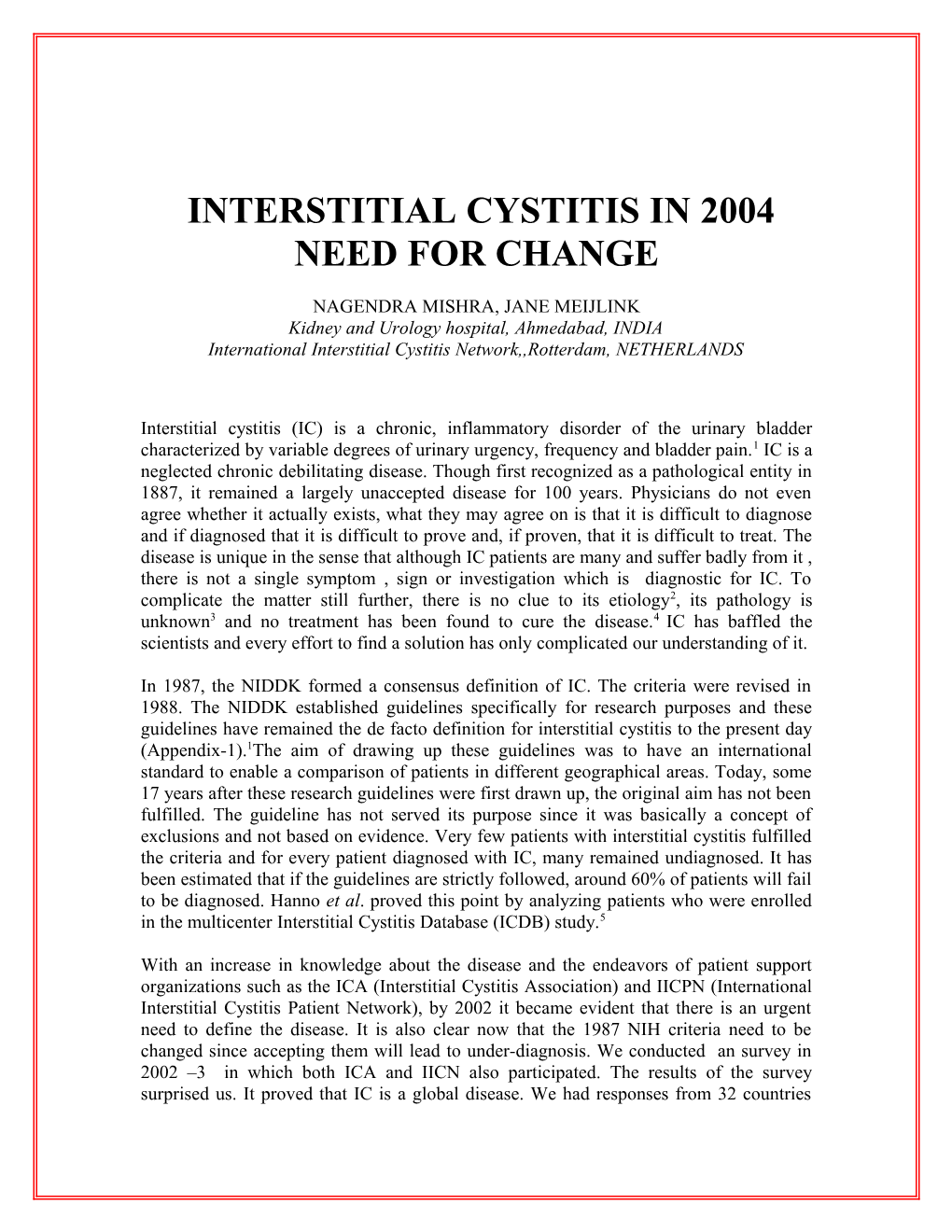 International Survey on Interstitial Cystitis