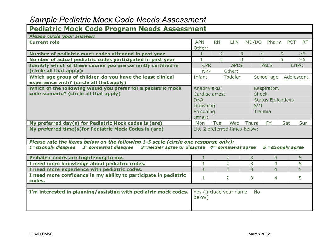 Sample Pediatric Mock Code Needs Assessment