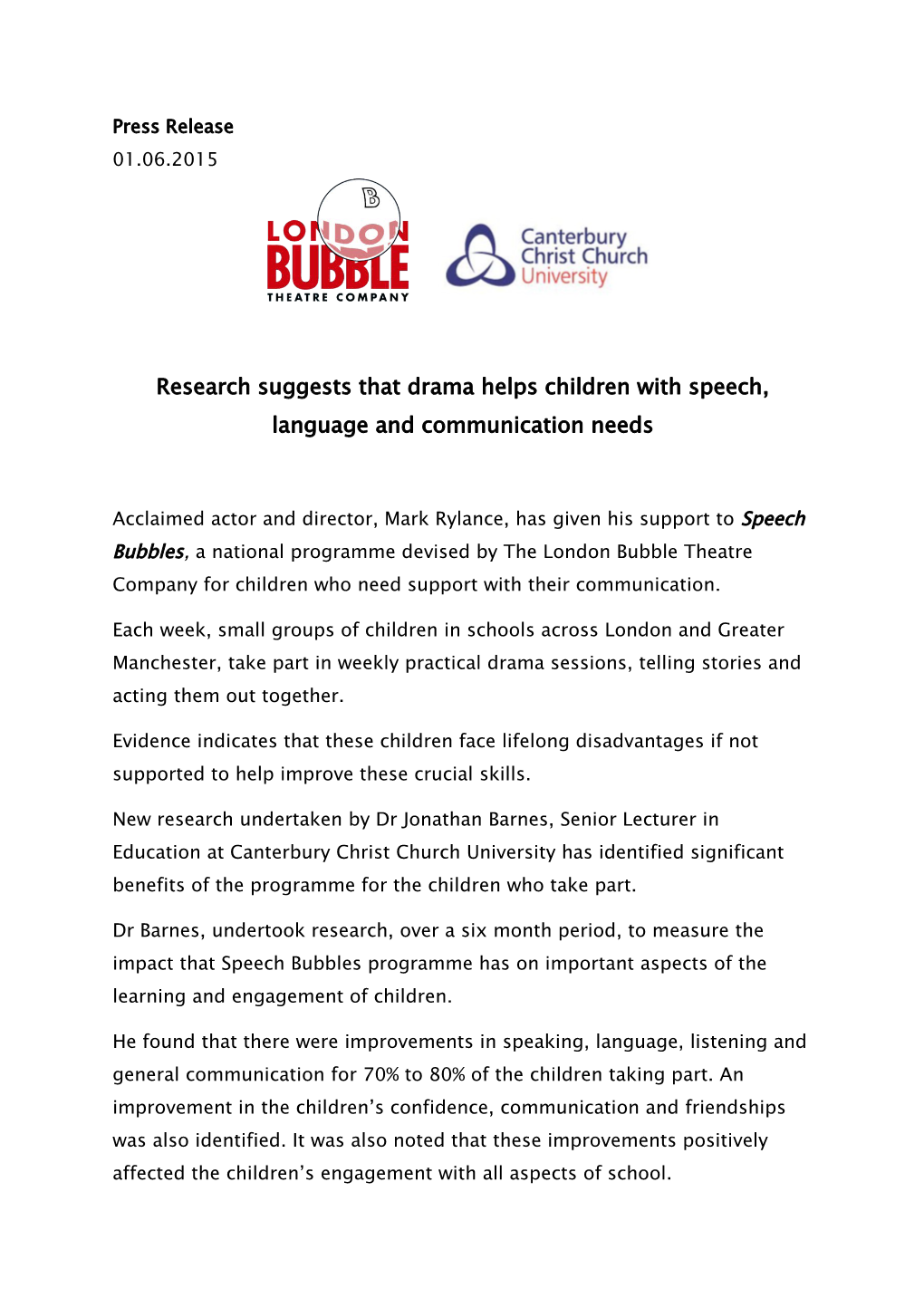 Research Suggeststhatdrama Helps Children with Speech, Language and Communication Needs