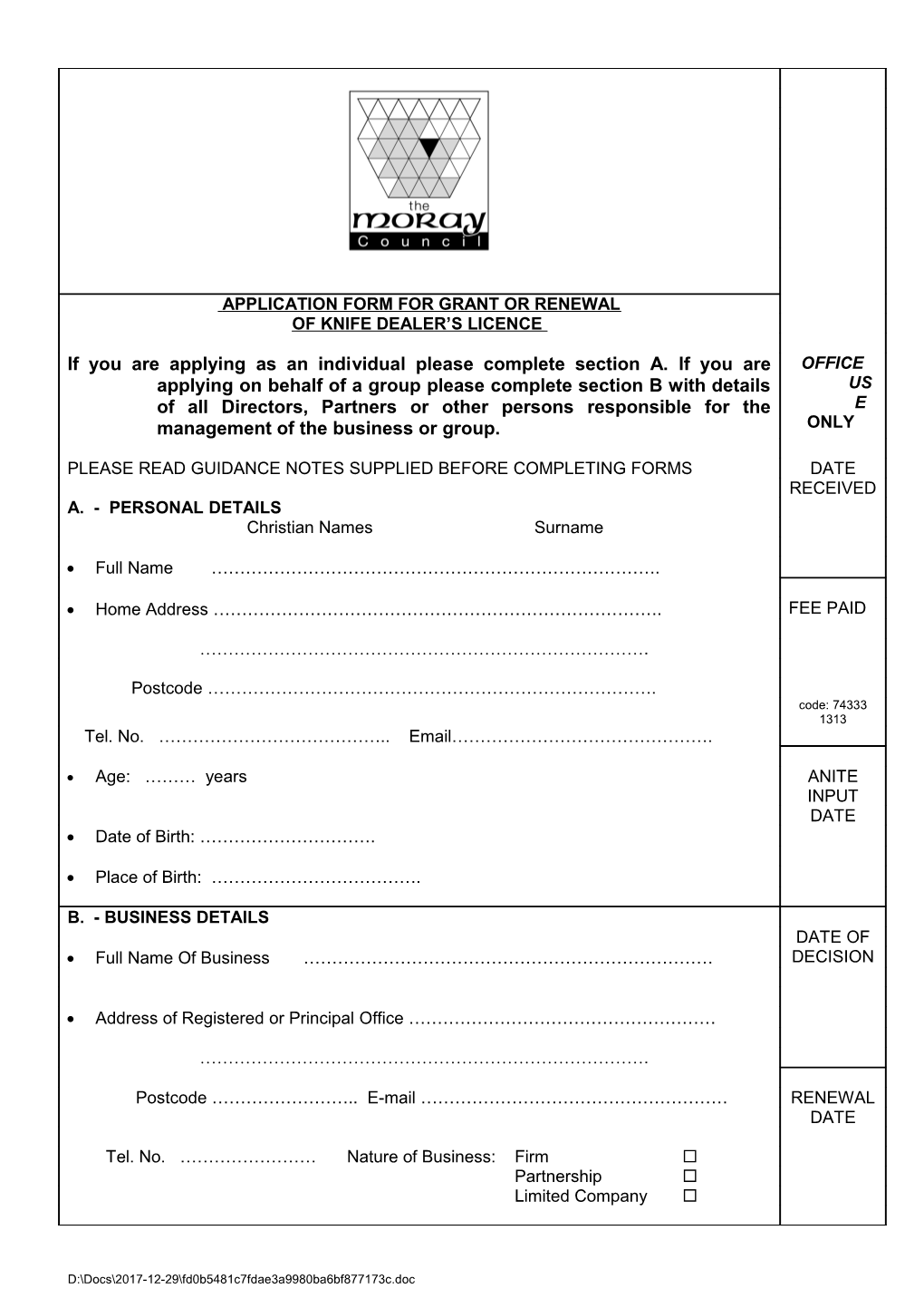 Application Form for Grant Or Renewal