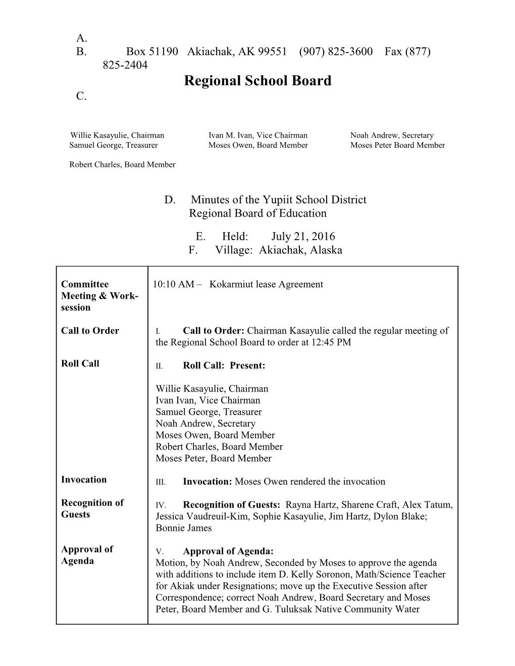 Minutes of the Yupiit School District