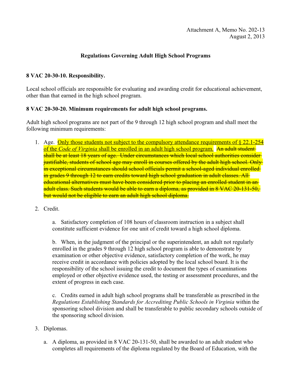 Regulations Governing Adult High School Programs
