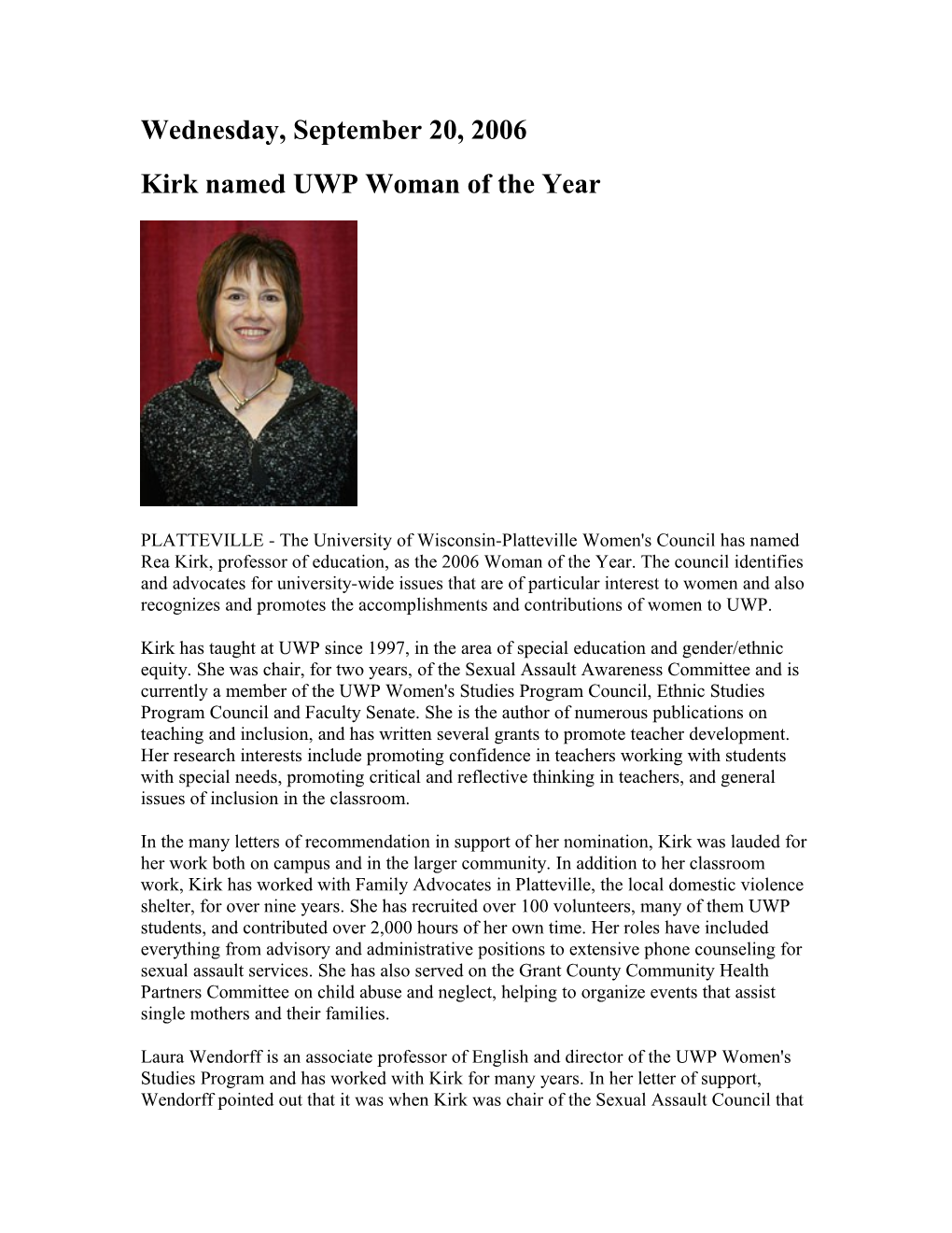 Kirk Named UWP Woman of the Year