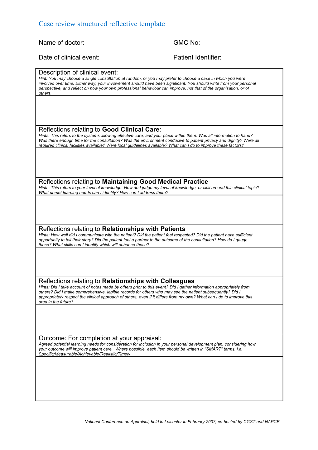 Case Review Structured Reflective Template