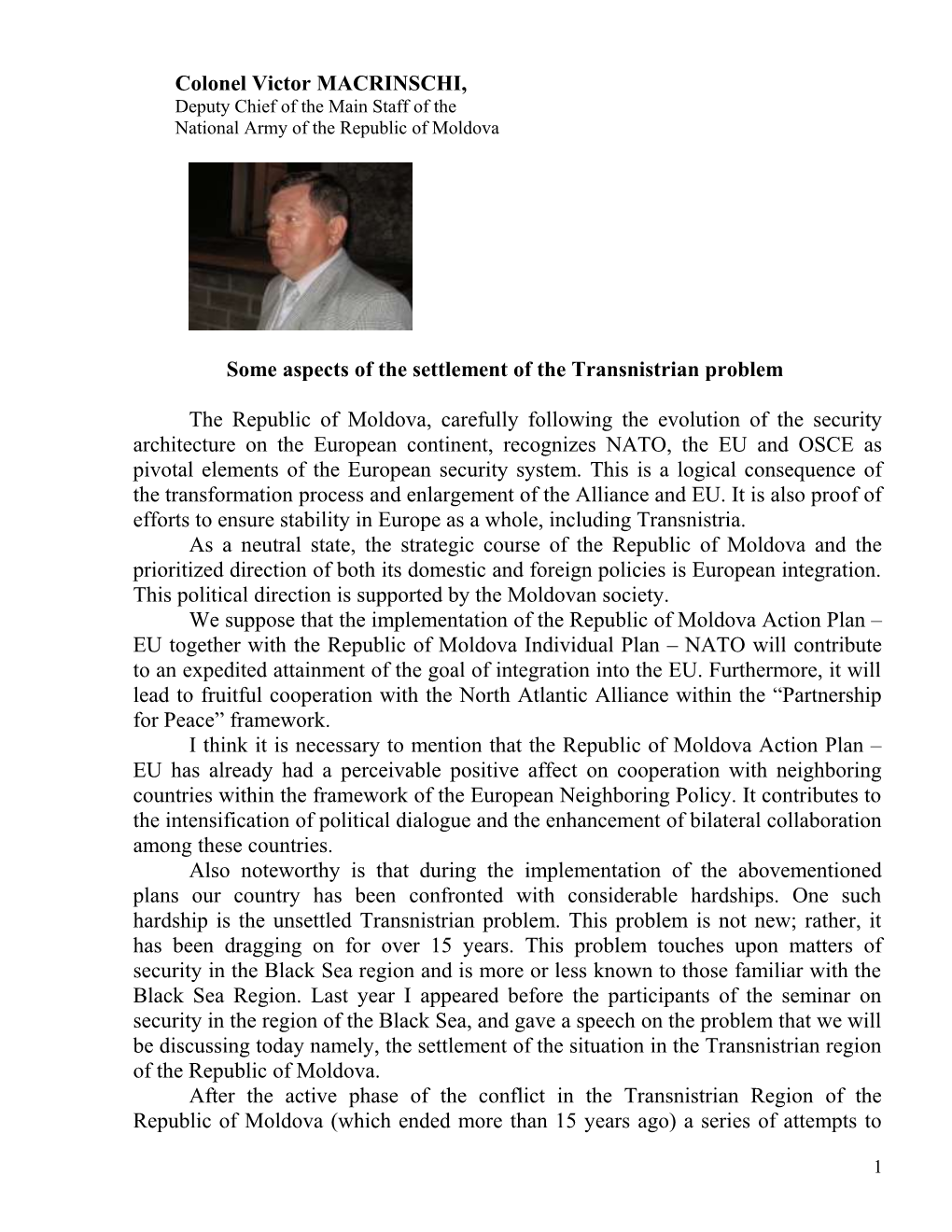 Some Aspects of Transnistrian Problem Settlement
