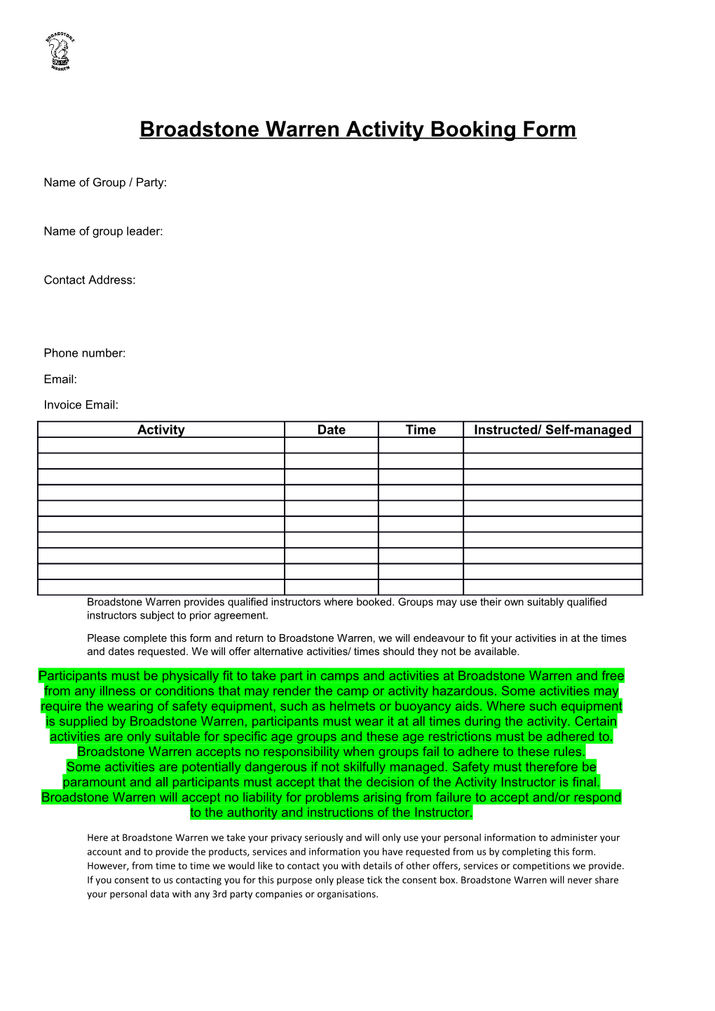 Broadstone Warren Activity Booking Form