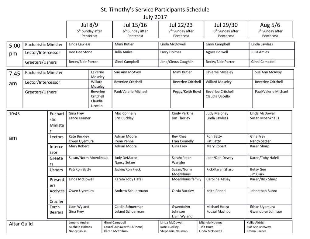 St. Timothy S Service Participants Schedule