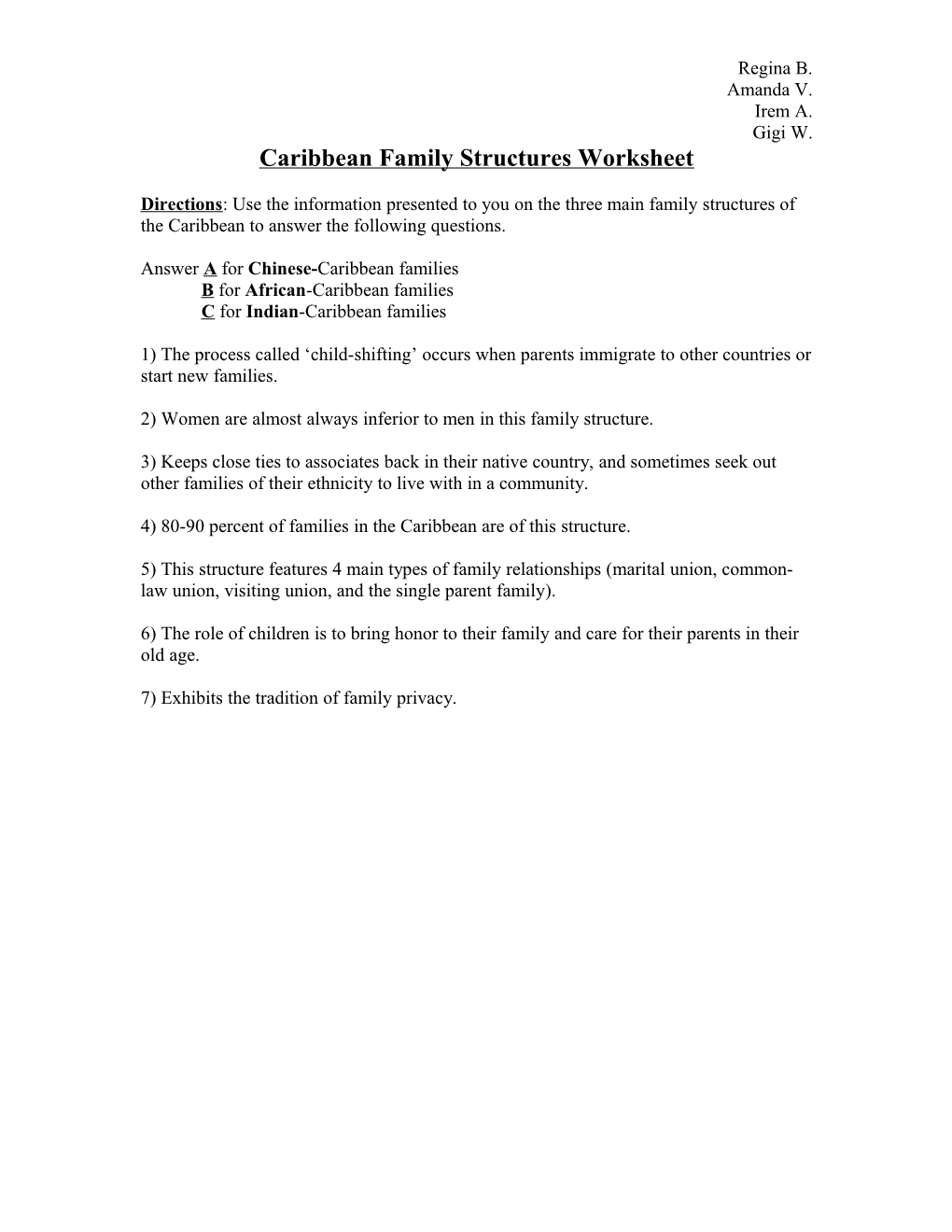 Caribbean Family Structures Worksheet