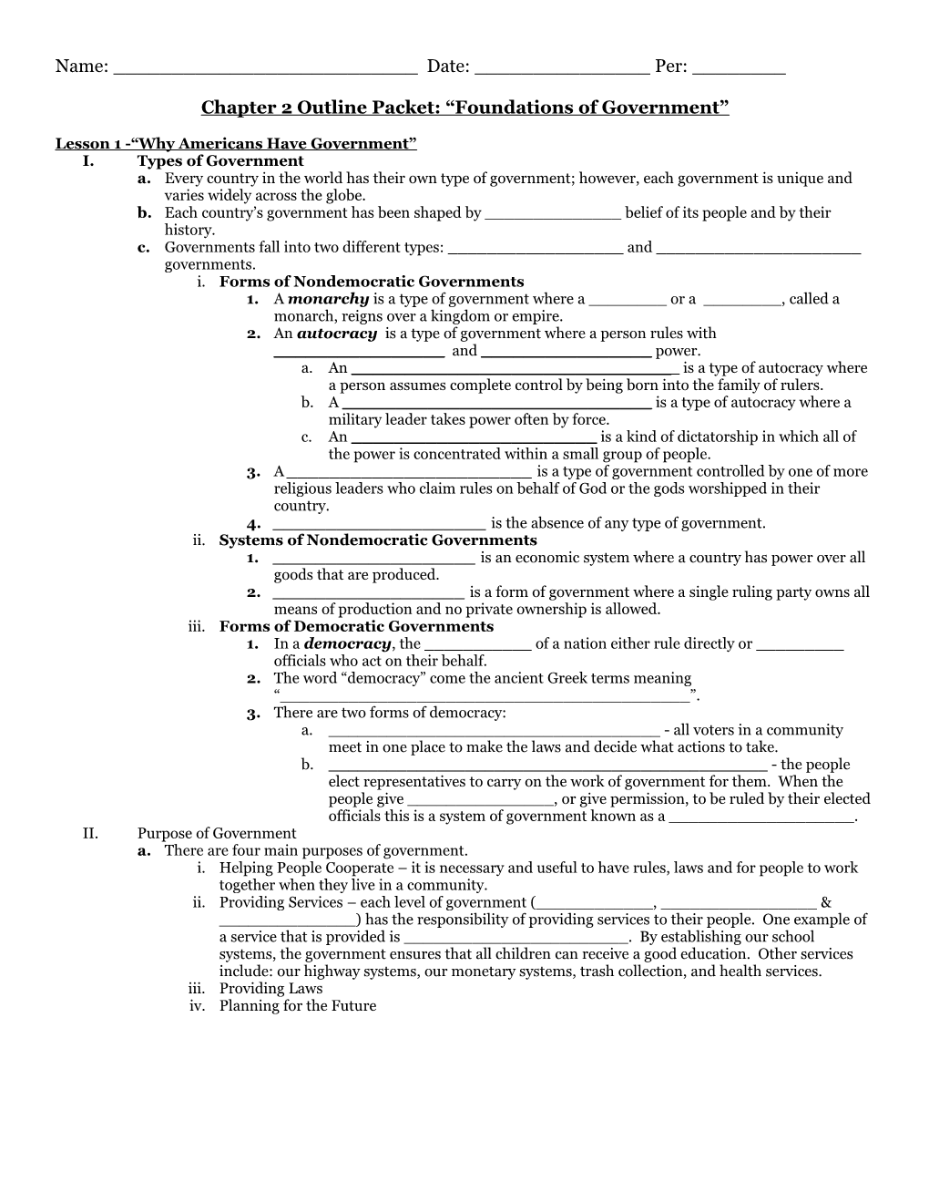 Chapter 2 Outline Packet: Foundations of Government