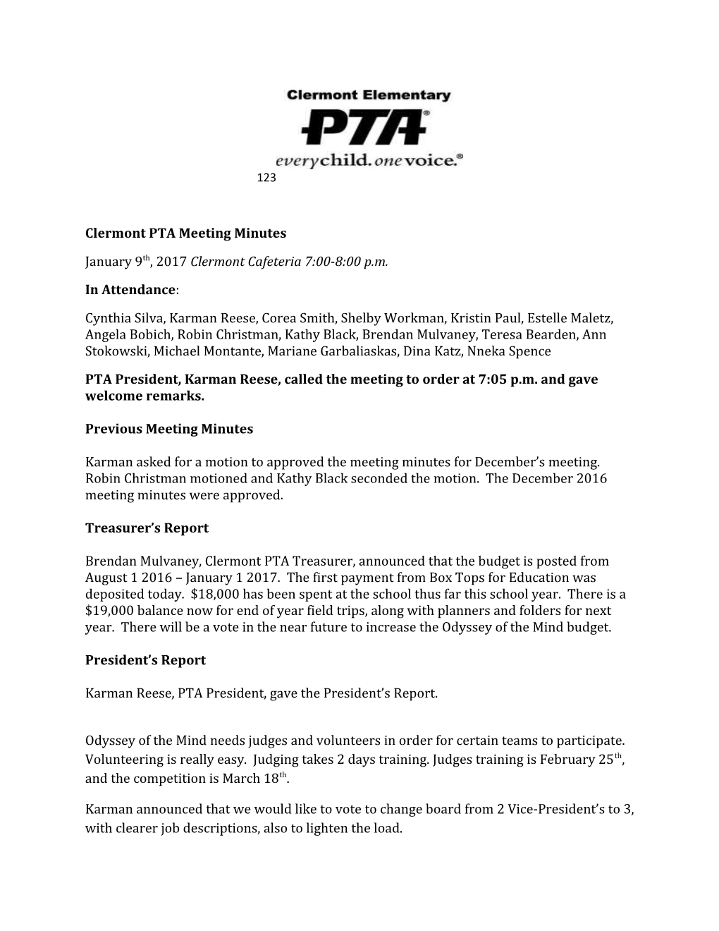 Clermont PTA Meeting Minutes s1