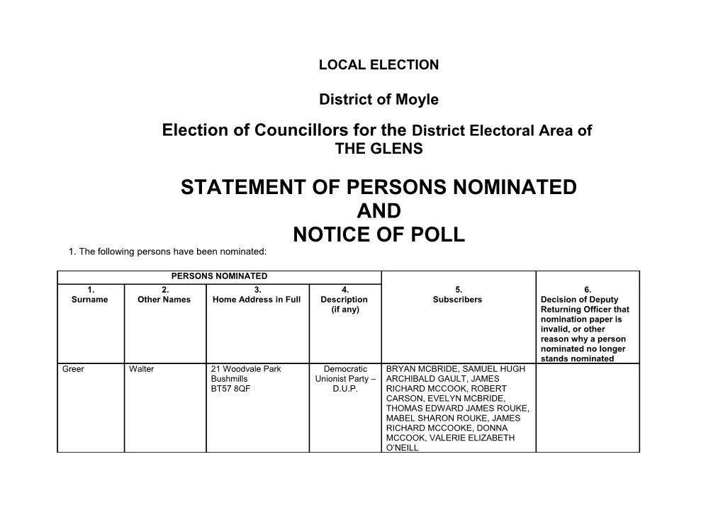 Election of Councillors for the District Electoral Area Of