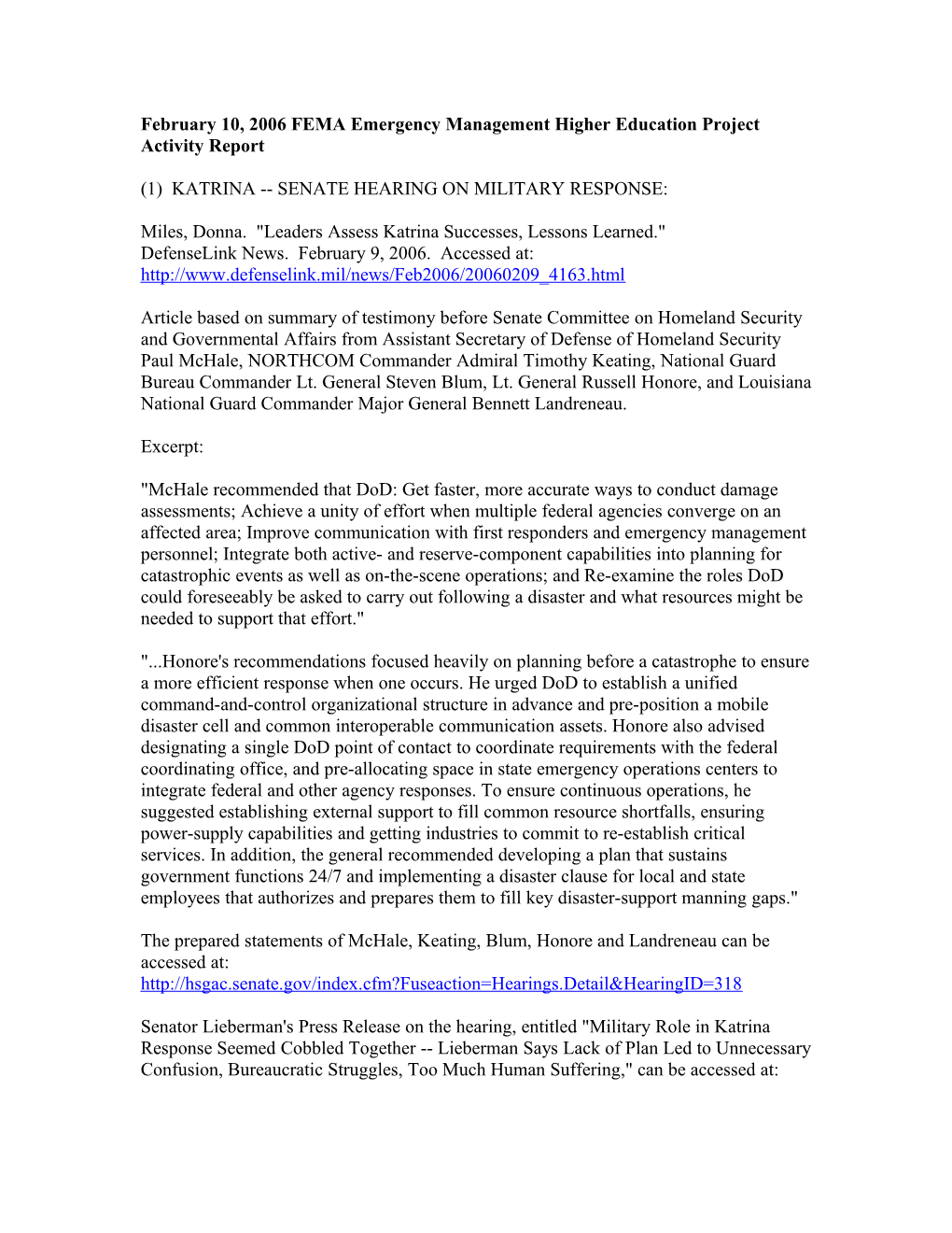 February 10, 2006 FEMA Emergency Management Higher Education Project Activity Report
