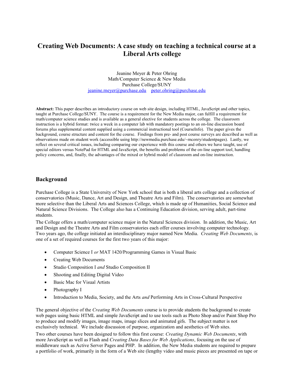 Creating Web Documents: a Case Study on Teaching a Technical Course at a Liberal Arts College