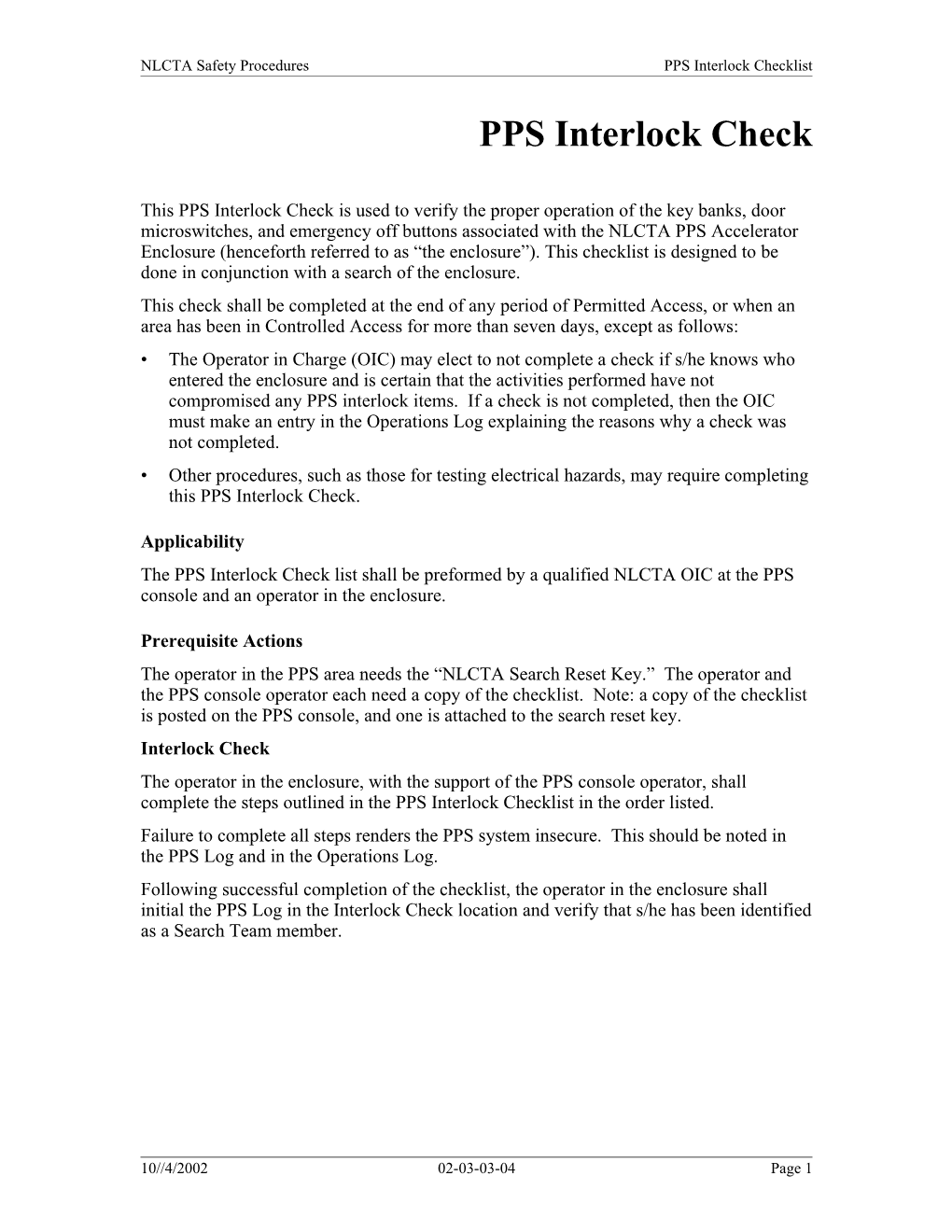 NLCTA Safety Procedurespps Interlock Checklist