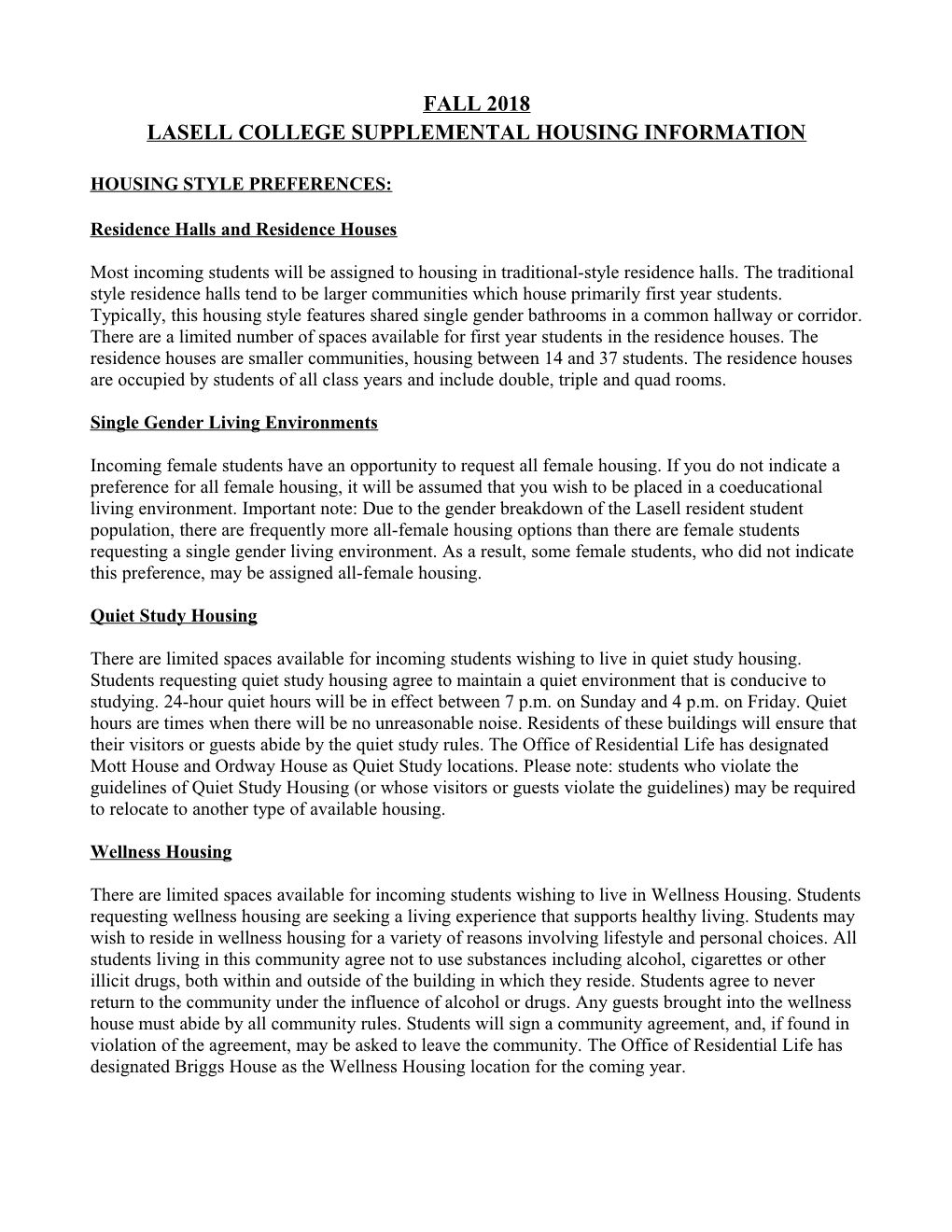 Lasell College Supplemental Housing Information