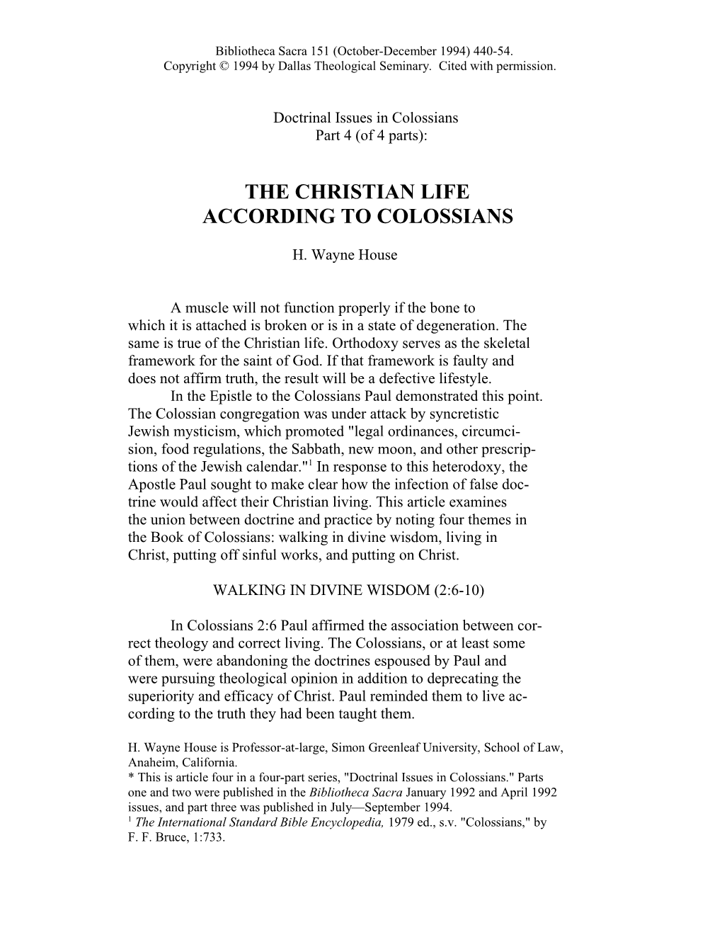 The Christian Life According to Colossians
