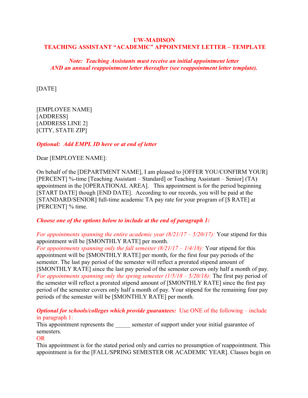 Teaching Assistant Academic Appointment Letter Template