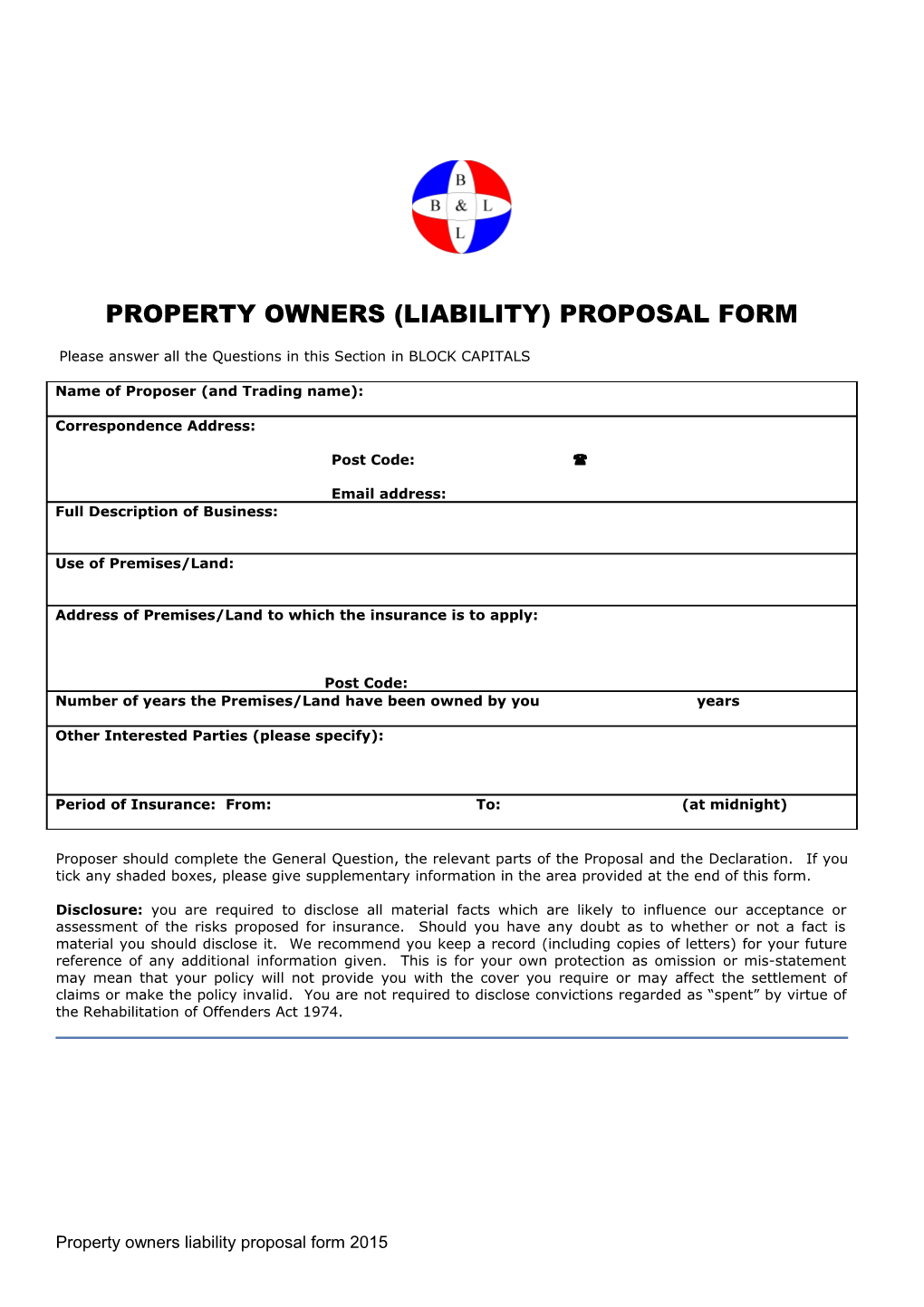 Property Owners (Liability) Proposal Form