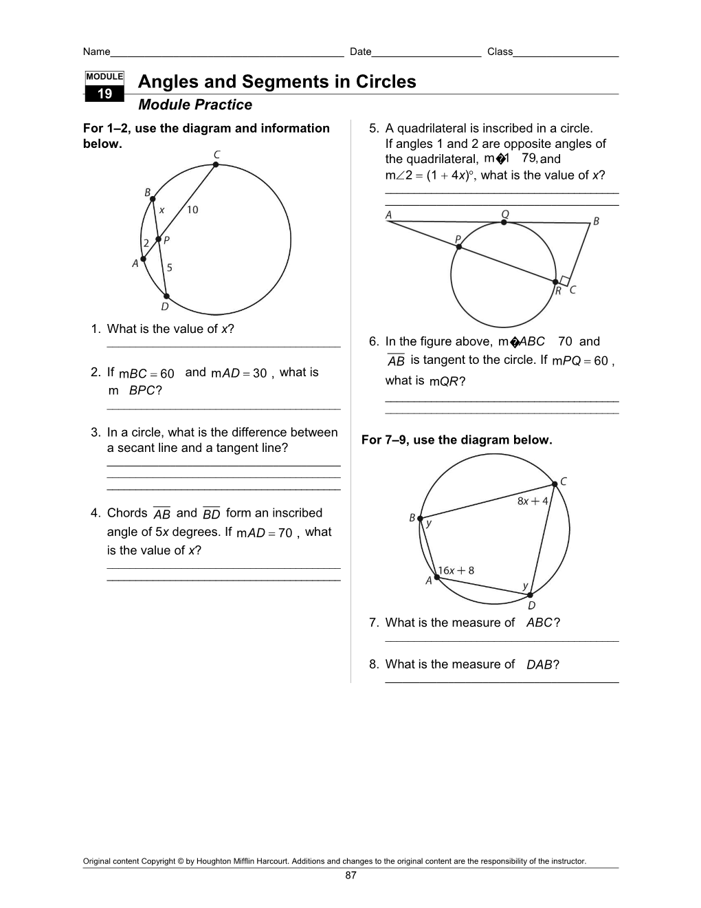 For 1 2, Use the Diagram and Information Below