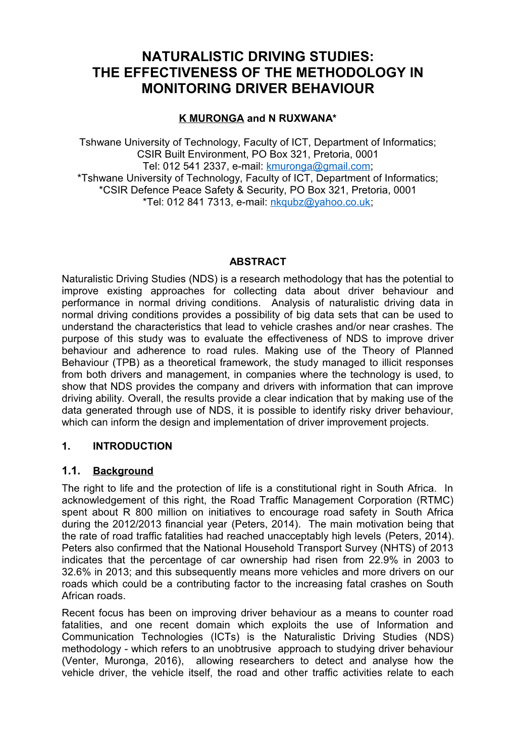 The Effectiveness of the Methodology in Monitoring Driver Behaviour