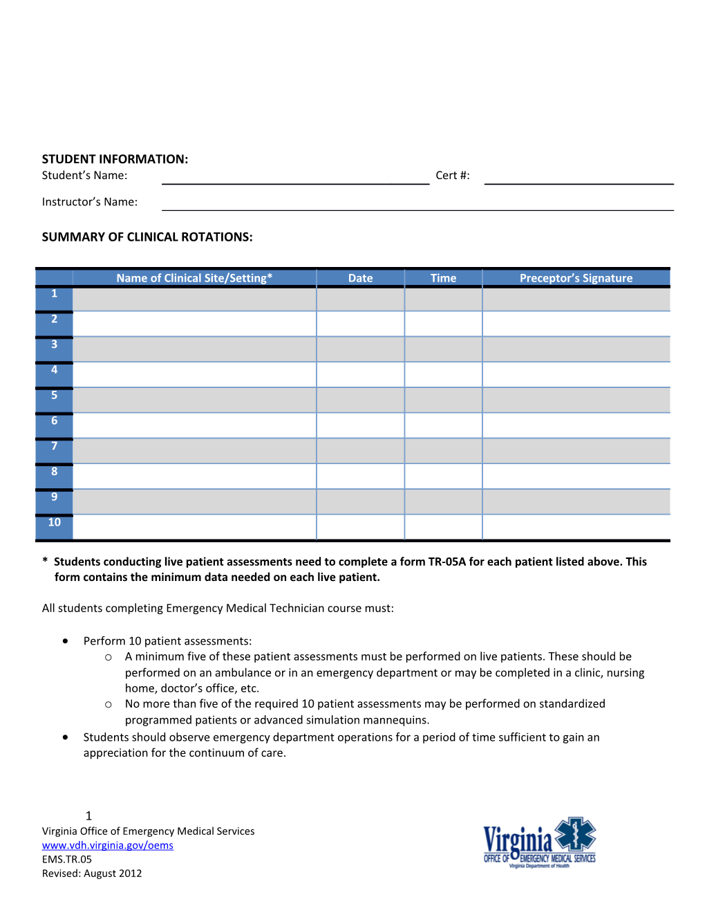 EMT Clinical Training Summary Record