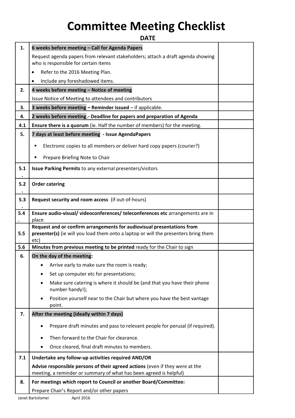 Committee Meeting Checklist