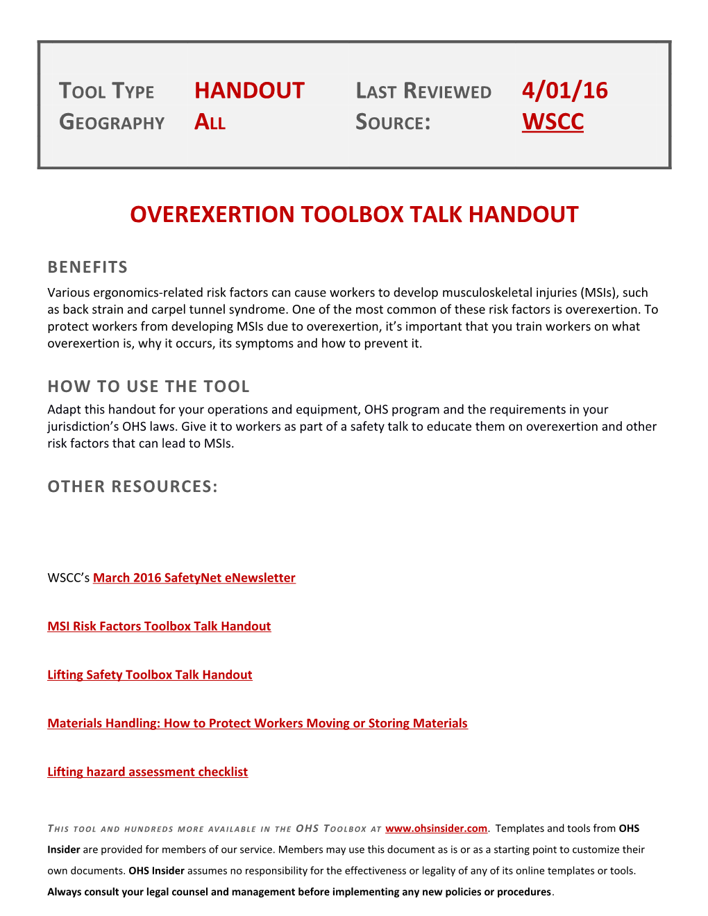 Overexertion Toolbox Talk Handout