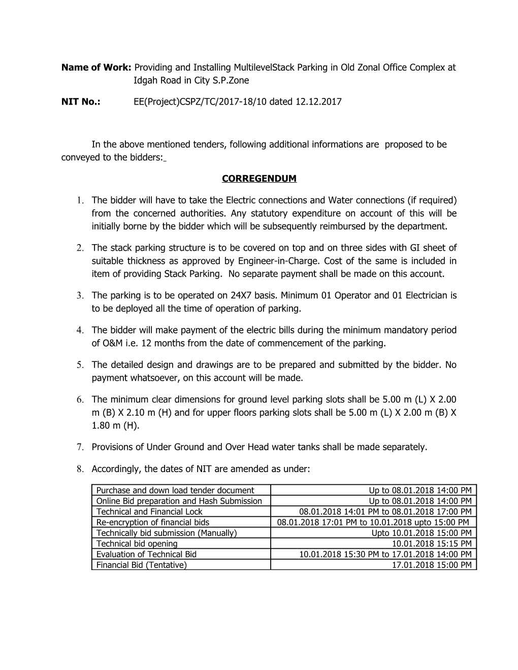 NIT No.: EE(Project)CSPZ/TC/2017-18/10 Dated 12.12.2017