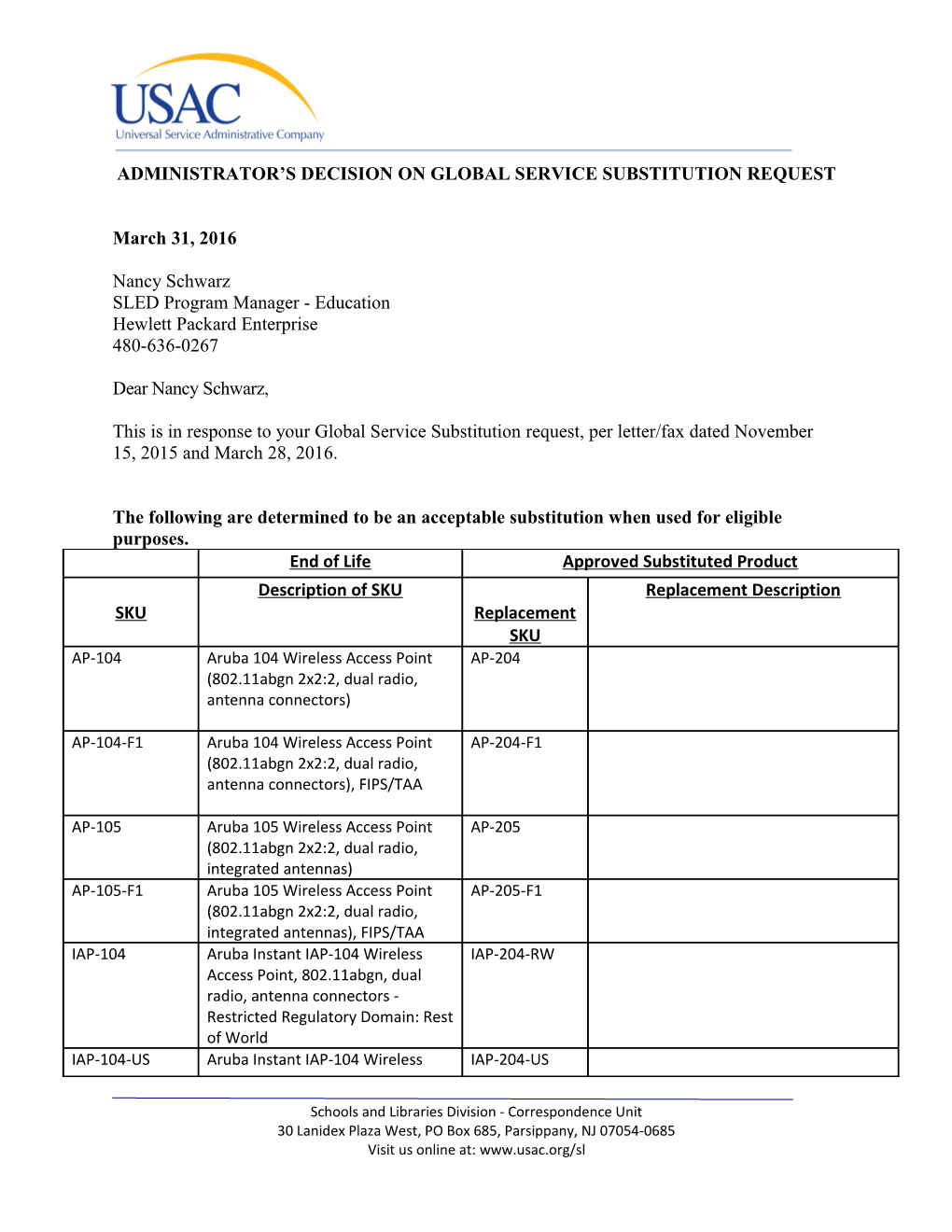 Administrator S Decision on GLOBAL Service Substitution Request s1