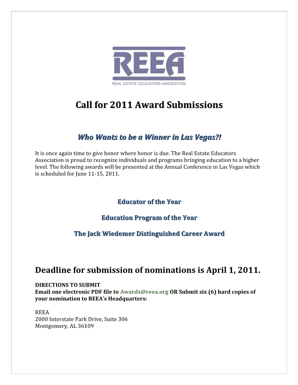 Call for 2011 Award Submissions