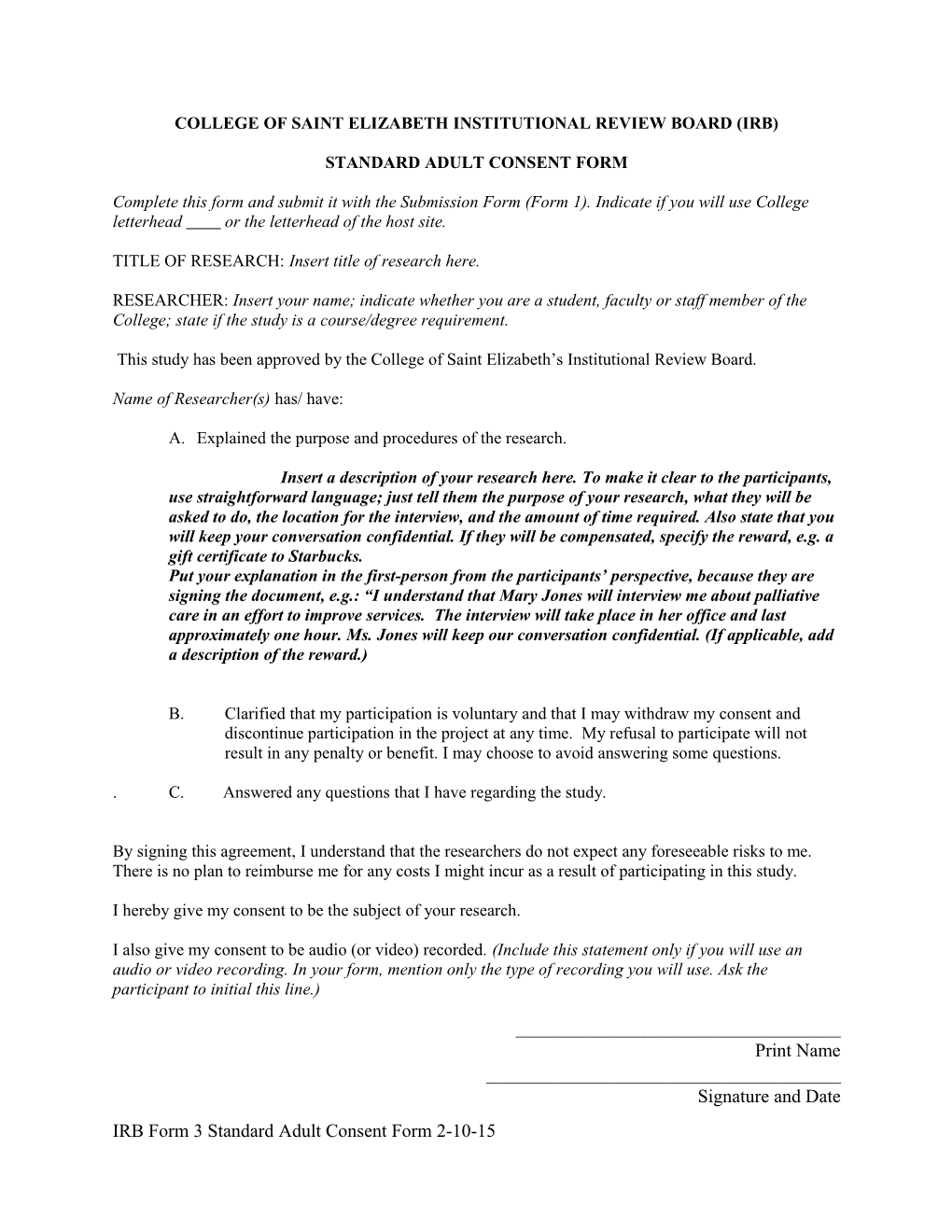 Standard Adult Consent Form