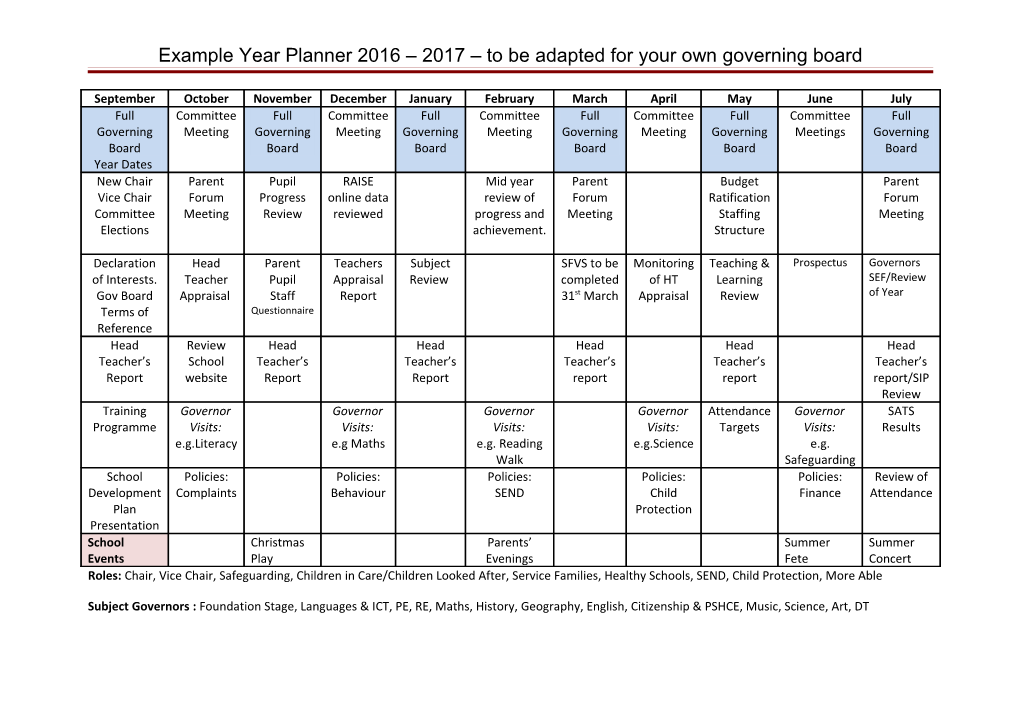 Another School Governors Year Planner 2012/2013