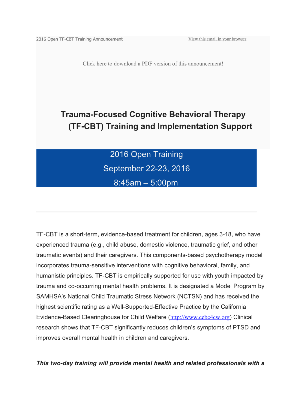 Trauma-Focused Cognitive Behavioral Therapy(TF-CBT) Training and Implementation Support