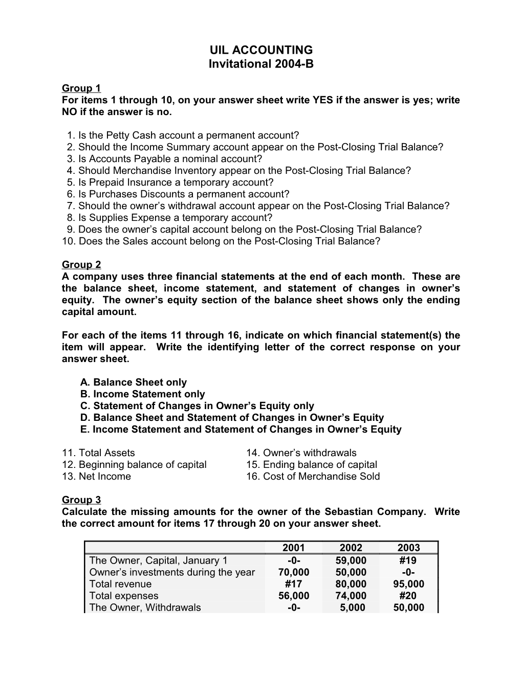 UIL Accounting Invitational 2004-B -10