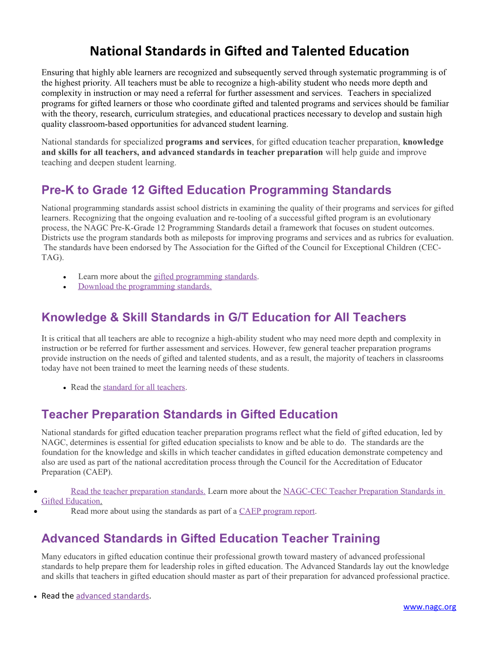 National Standards in Gifted and Talented Education