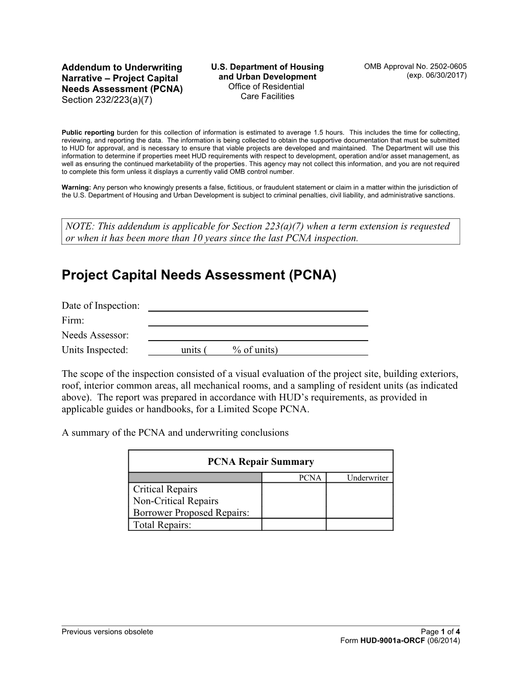Addendum to Underwriting Narrative Project Capital Needs Assessment (PCNA) Section