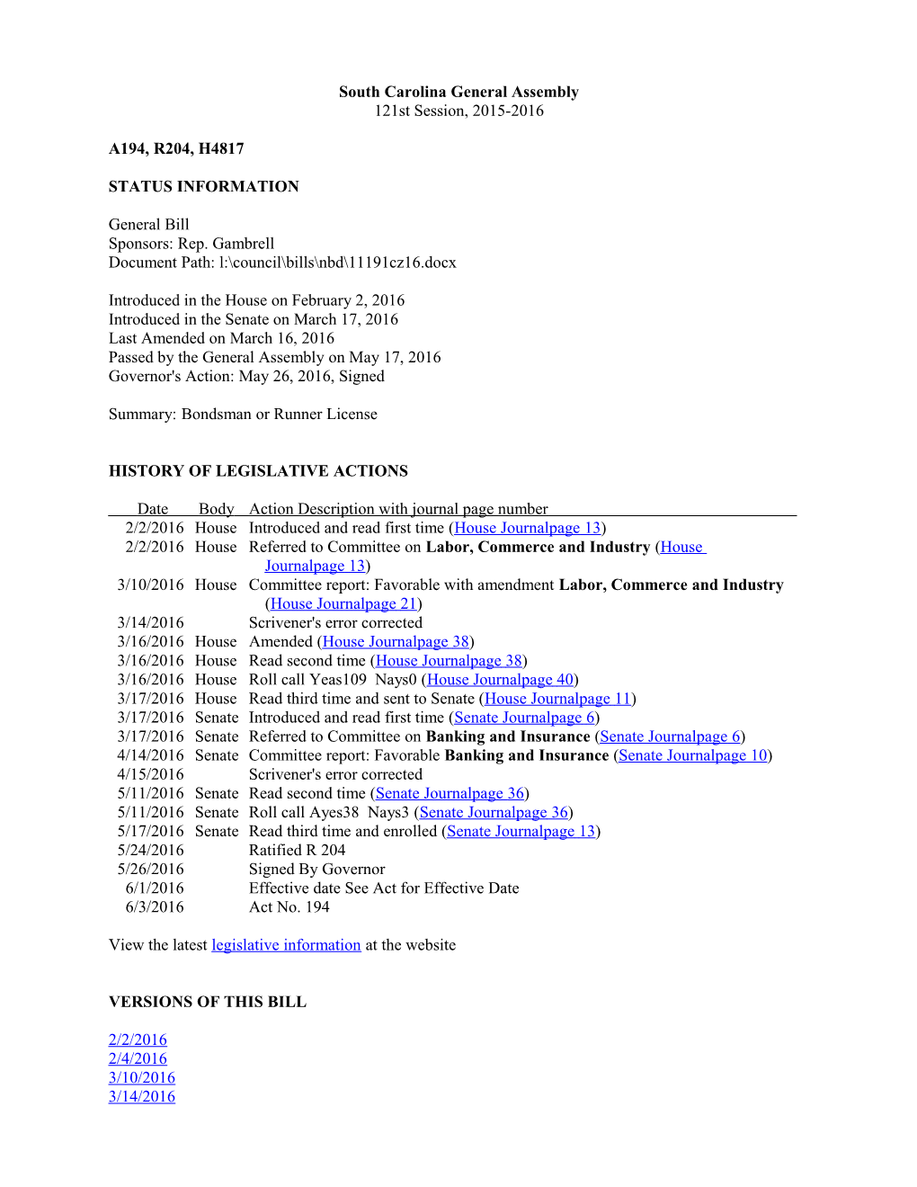 2015-2016 Bill 4817: Bondsman Or Runner License - South Carolina Legislature Online